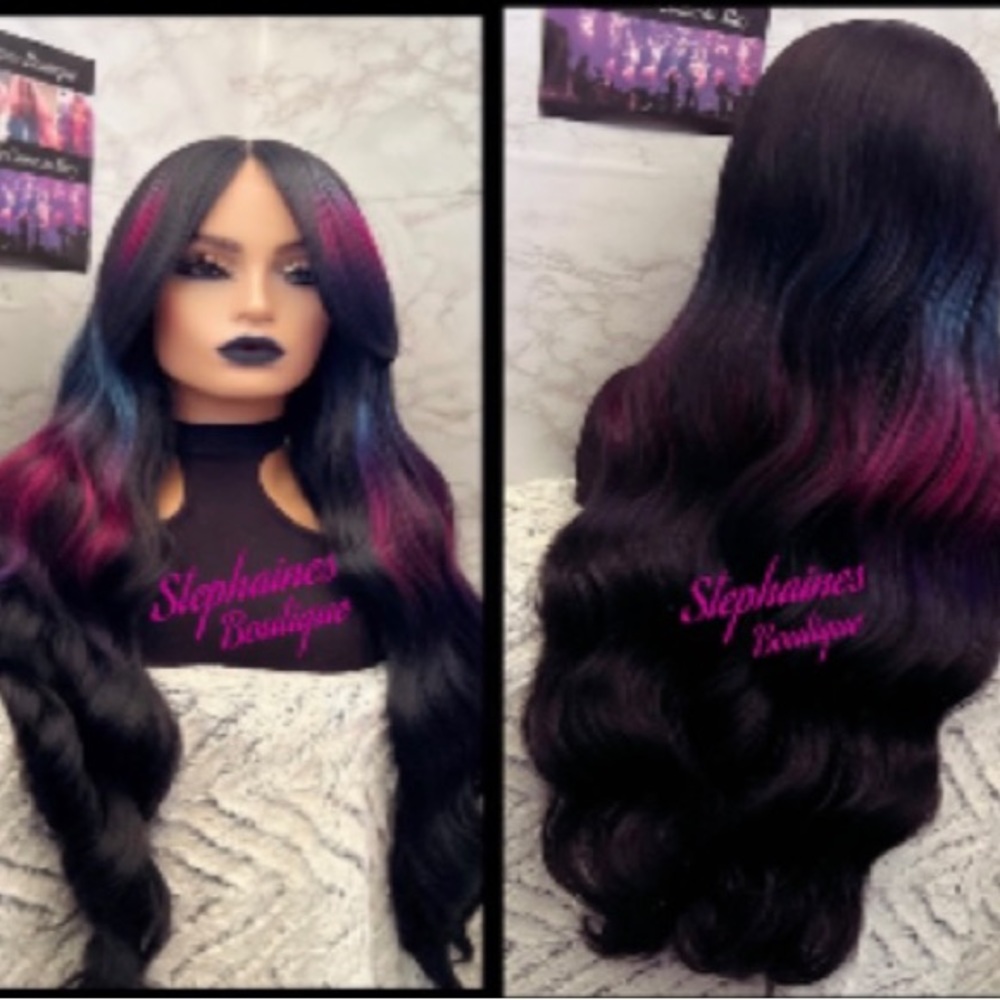 30 inch 180 density human hair blend lace wig;black w gorg pink&blue subtle hues